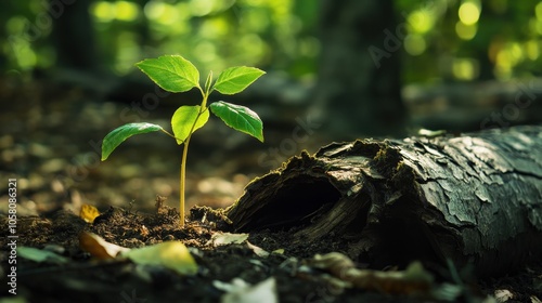 New Life Sprouting From Decaying Log in Forest - Nature Photography