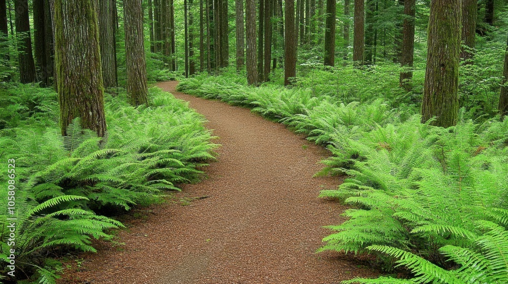 Serene Forest Pathway Surrounded by Lush Ferns Serene Forest Pathway Surrounded by Lush Ferns