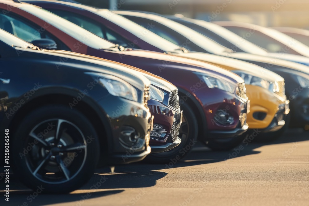 A vibrant row of cars in various colors showcased at a car dealership lot, highlighting a diverse selection of vehicles for potential buyers. The image captures the essence of choice and automotive va A vibrant row of cars in various colors showcased at a car dealership lot, highlighting a diverse selection of vehicles for potential buyers. The image captures the essence of choice and automotive va