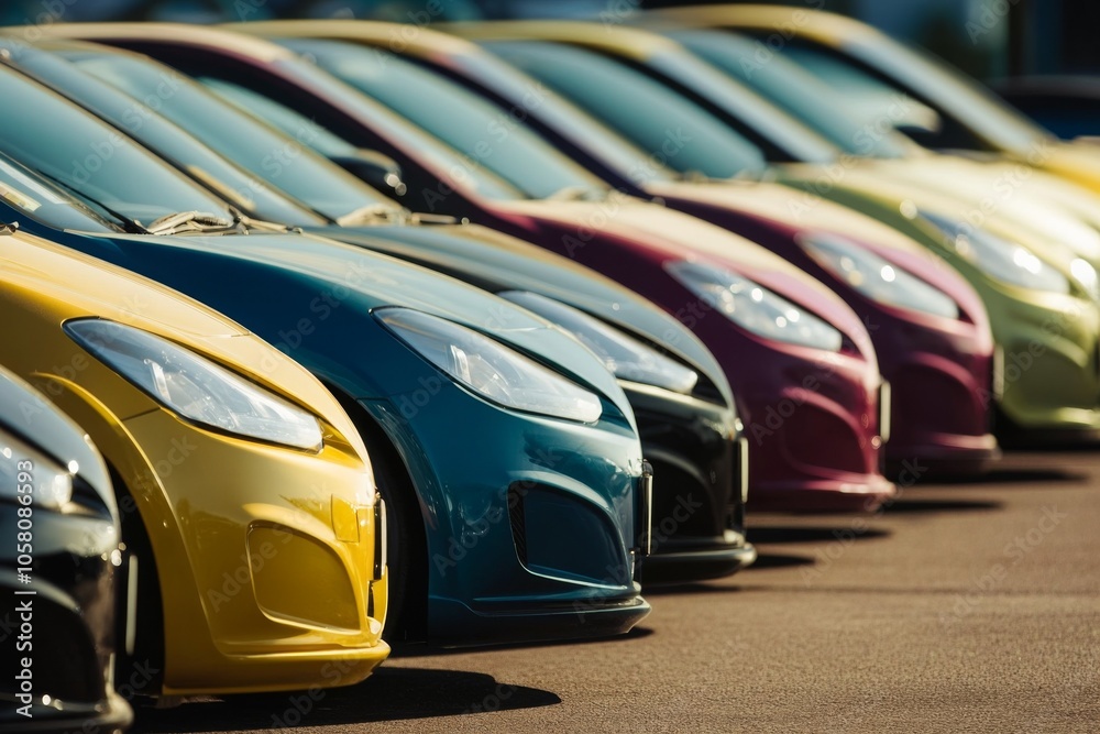 A vibrant row of cars in various colors showcased at a car dealership lot, highlighting a diverse selection of vehicles for potential buyers. The image captures the essence of choice and automotive va