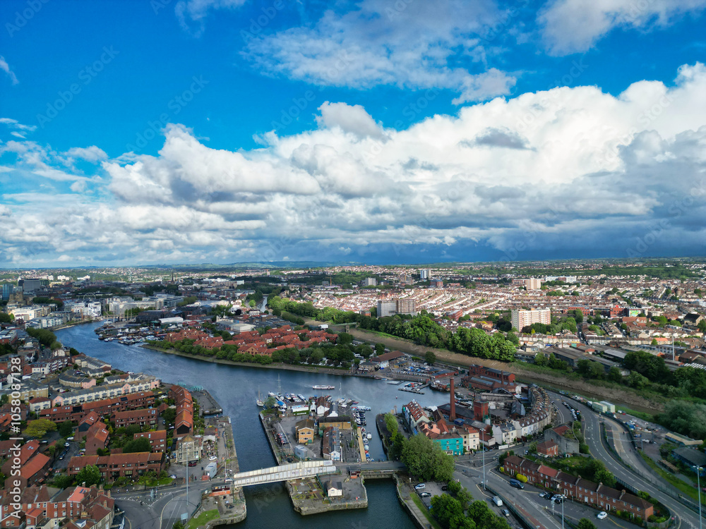 Fototapeta premium Aerial View of Buildings at Hotwells Central Bristol City of Southwest of England, Great Britain. High Angle Footage Was Captured with Drone's Camera from Medium High Altitude on May 27th, 2024.