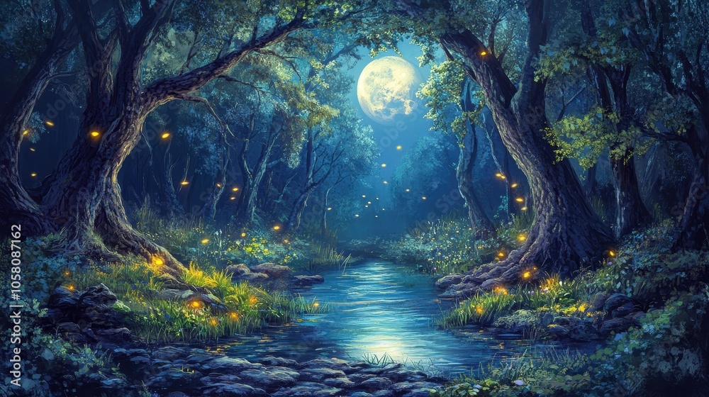 Magical Forest Stream with Full Moon and Fireflies at Night. Magical Forest Stream with Full Moon and Fireflies at Night.