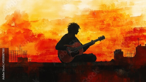 Silhouette of a Guitar Player with a Sunset Background - Watercolor Painting Artwork.