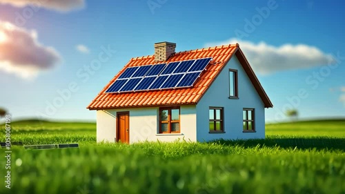 Wallpaper Mural A small house with solar panels on the roof, set in a green landscape under a clear sky. Torontodigital.ca