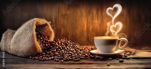 Steaming cup of coffee with heart-shaped steam wisps, surrounded by scattered coffee beans on a rustic wooden table, with a burlap sack of beans in the background, evoking warmth, comfort, and abundan photo