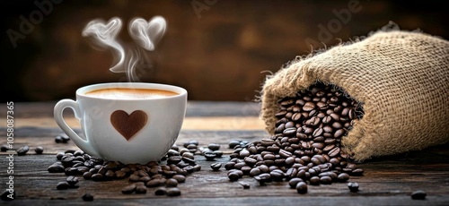 Steaming cup of coffee with heart-shaped steam wisps, surrounded by scattered coffee beans on a rustic wooden table, with a burlap sack of beans in the background, evoking warmth, comfort, and abundan photo