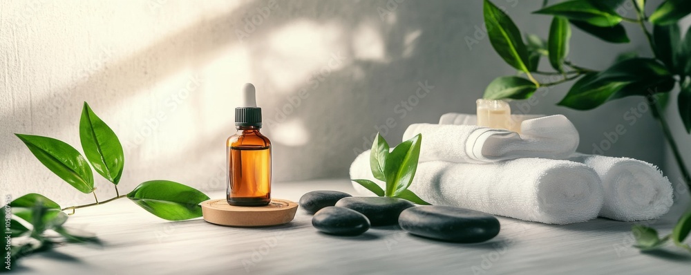 Elegant spa arrangement with white towels, green leaves, black hot stones, and amber essential oil bottle, set against a light gray wall, showcasing relaxation, wellness, and tranquility in a detailed Elegant spa arrangement with white towels, green leaves, black hot stones, and amber essential oil bottle, set against a light gray wall, showcasing relaxation, wellness, and tranquility in a detailed