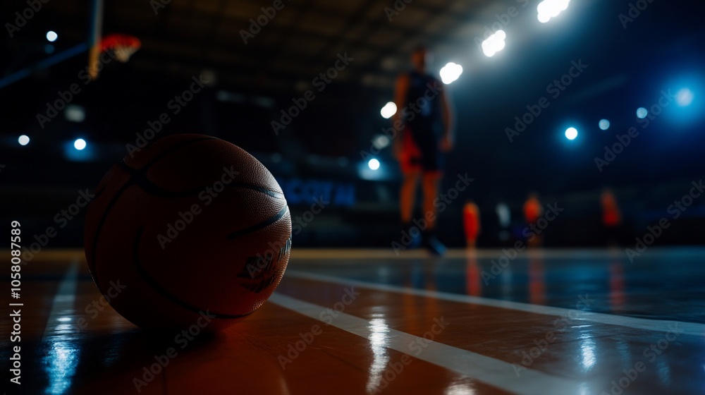 Close-up of basketball on court with blurred player in background. Close-up of basketball on court with blurred player in background.