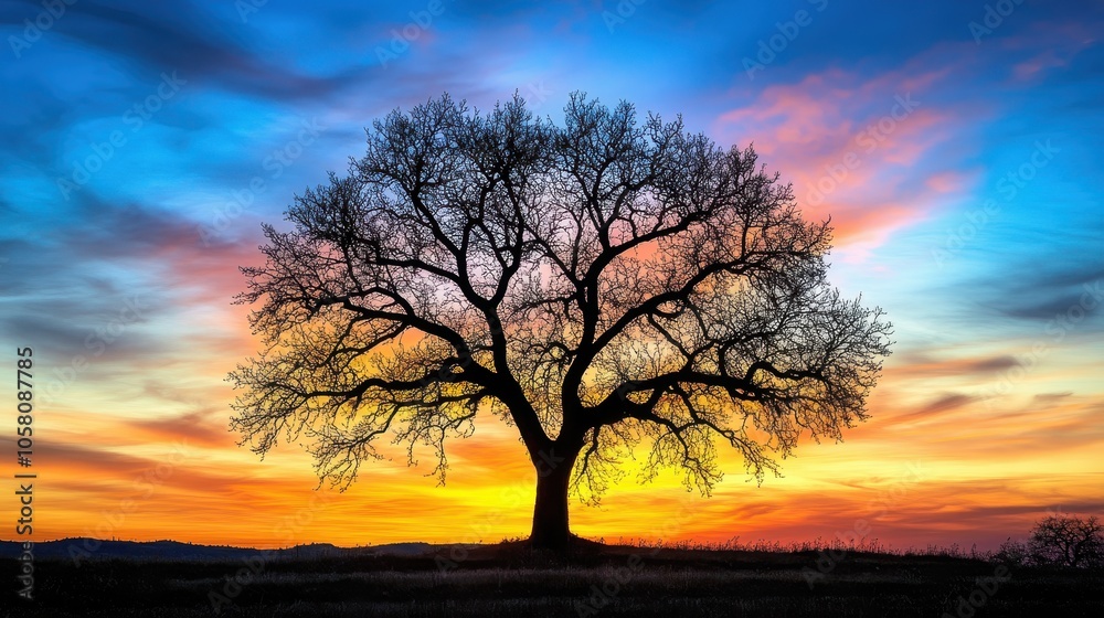 Majestic Silhouette of a Tree Against a Vibrant Sunset Sky - Nature Photography. Majestic Silhouette of a Tree Against a Vibrant Sunset Sky - Nature Photography.