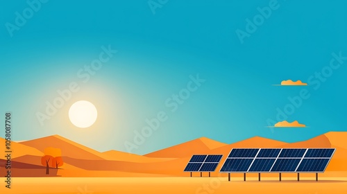 A vibrant illustration of solar panels in a desert landscape bathed in sunlight, showcasing renewable energy technology and environmental sustainability.