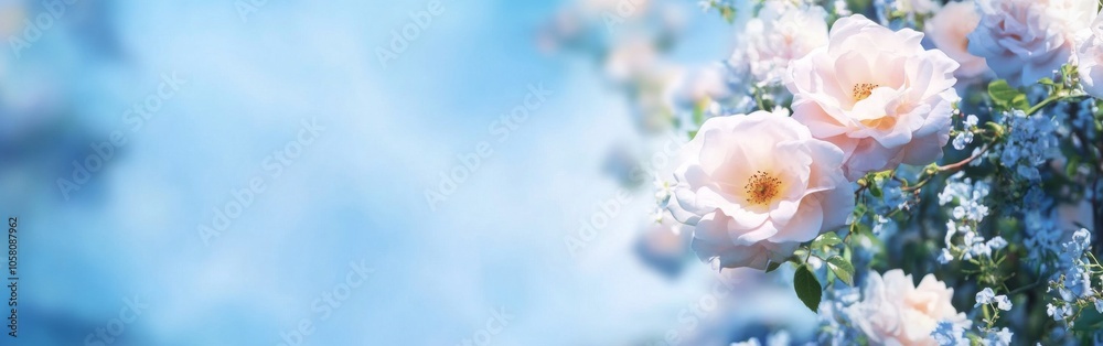 Wild roses against a blue sky with banner space, soft focus and airy spring vibe. Wild roses against a blue sky with banner space, soft focus and airy spring vibe.