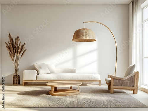 Cozy Modern Living Room with Neutral Tones, Stylish Decor, and Elegant Architecture- generative ai