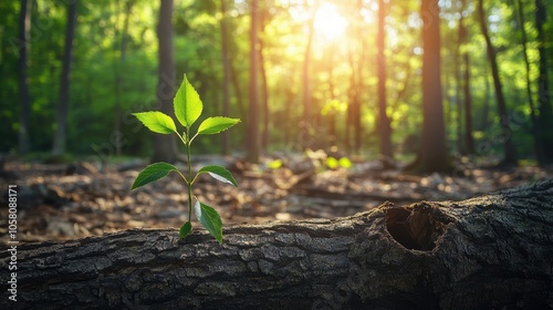 New Life Sprouting Through Old Tree Trunk in Sunlight Forest - Nature Photography