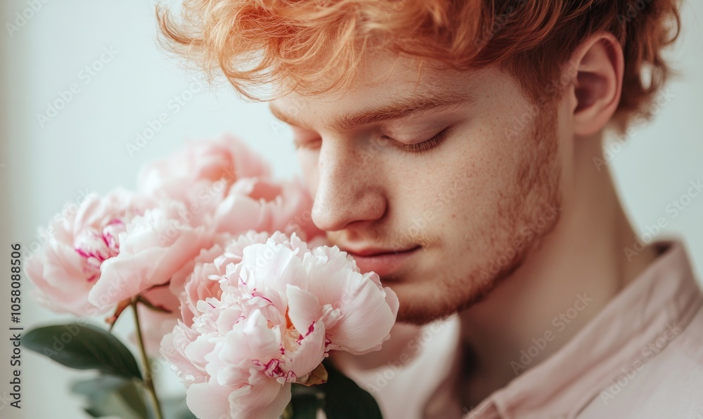 Naklejka premium Portrait of a man with rose-gold hair, holding soft pink peonies
