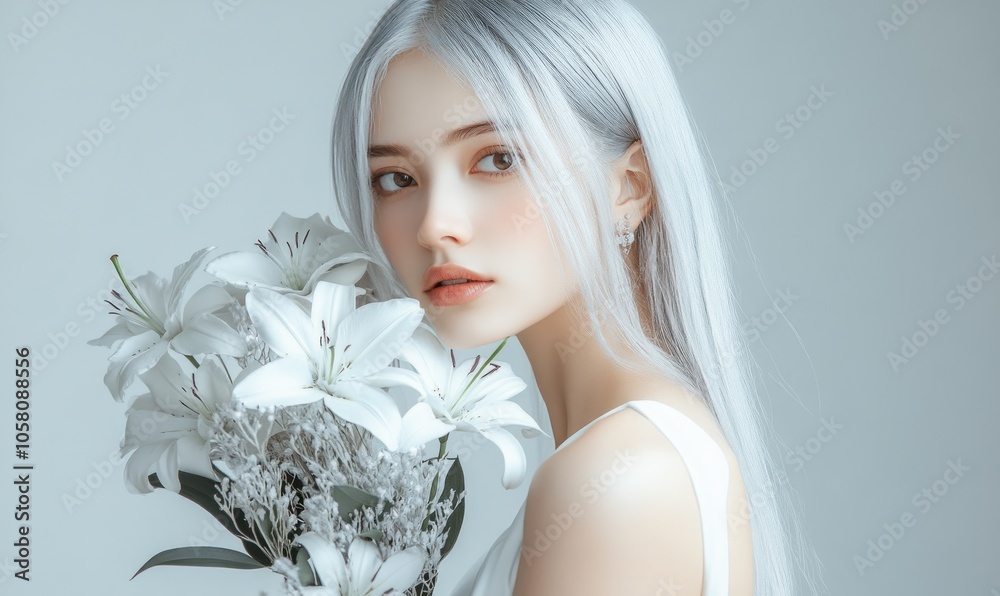 Closeup portrait of a woman with silver-grey hair, minimal earrings, holding a bouquet of silvery white lilies Closeup portrait of a woman with silver-grey hair, minimal earrings, holding a bouquet of silvery white lilies