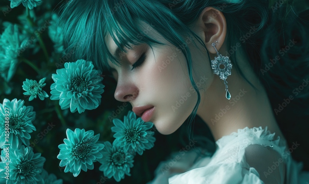Closeup portrait of a woman with teal hair, simple silver earrings, holding matching teal chrysanthemums Closeup portrait of a woman with teal hair, simple silver earrings, holding matching teal chrysanthemums