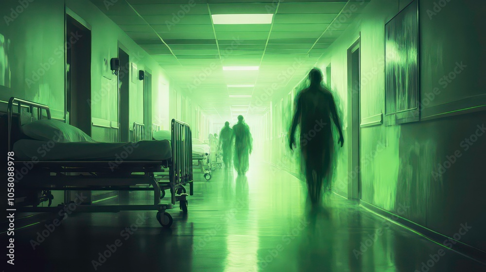 A long, empty hospital corridor with two figures walking in the distance. The figures are semi-transparent and are lit by a green glow. A long, empty hospital corridor with two figures walking in the distance. The figures are semi-transparent and are lit by a green glow.