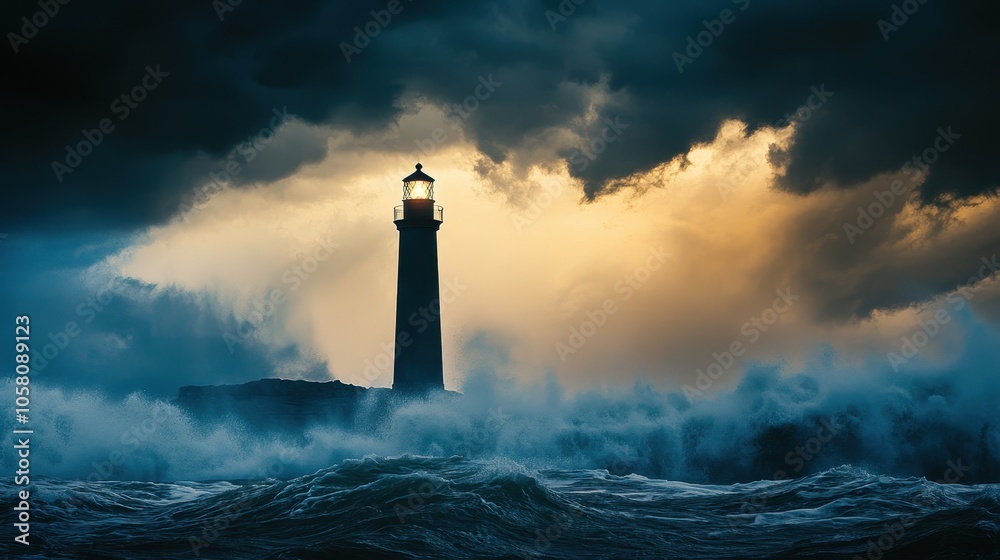 Lighthouse Standing Strong Against Powerful Waves and Stormy Skies.