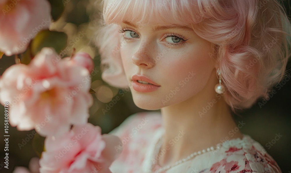 Naklejka premium Charming woman with pale pink hair, pearl earrings, carrying pink camellias
