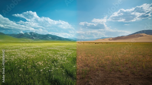 Fototapeta Naklejka Na Ścianę i Meble -  Stunning Split-View Landscape of Lush Green Meadow and Dry Desert, Contrasting Nature, Mountain Range in Background, Blue Sky with White Clouds