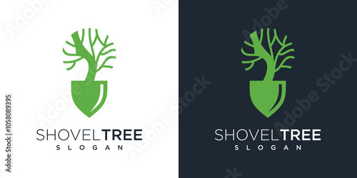 illustration of logo design of shovel tree. gardening logo concept shovel and nature tree