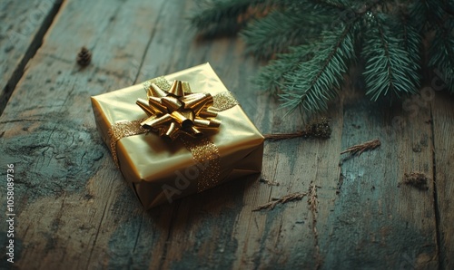 Close-up of a neatly wrapped gift with a golden bow on a wooden table