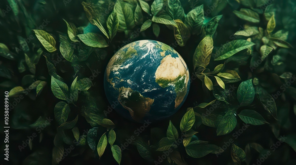 A miniature globe surrounded by lush green leaves, symbolizing the importance of nature and sustainability for our planet. A miniature globe surrounded by lush green leaves, symbolizing the importance of nature and sustainability for our planet.