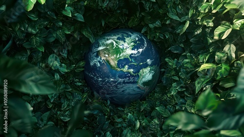 A 3D rendering of a realistic Earth globe surrounded by lush green leaves, symbolizing the interconnectedness of nature and our planet.