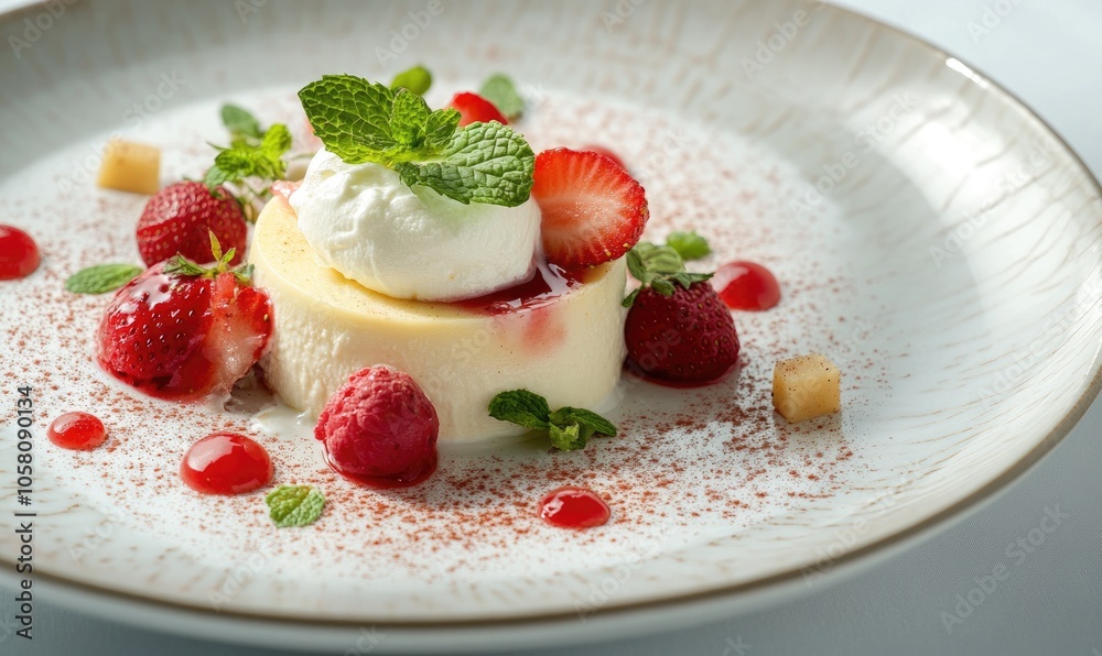 Creamy cheesecake with a dollop of Greek yogurt, fresh strawberries, and mint leaves on a light ceramic plate Creamy cheesecake with a dollop of Greek yogurt, fresh strawberries, and mint leaves on a light ceramic plate