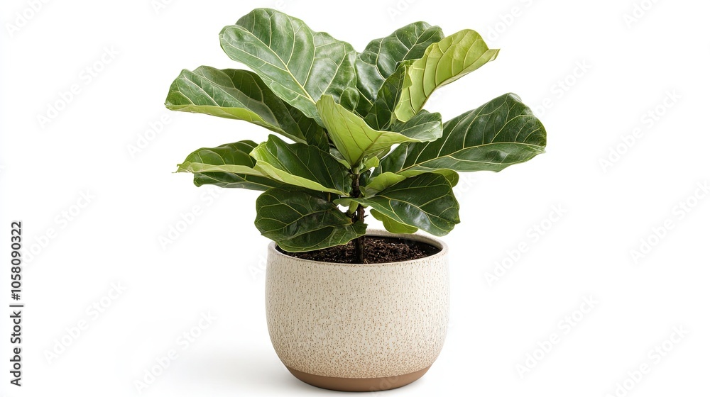 Fototapeta premium A potted fiddle leaf fig plant with large, green leaves.