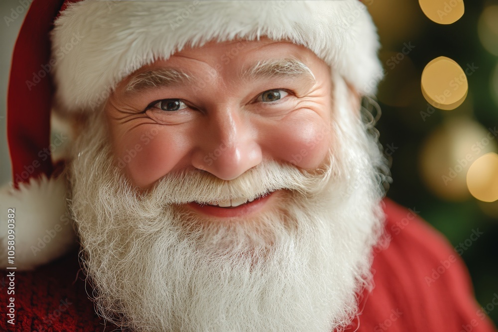 Close up of Santa Claus with twinkling eyes and gentle smile surrounded by soft holiday lights capturing warmth cheer and the magical spirit of Christmas in a cozy setting Close up of Santa Claus with twinkling eyes and gentle smile surrounded by soft holiday lights capturing warmth cheer and the magical spirit of Christmas in a cozy setting