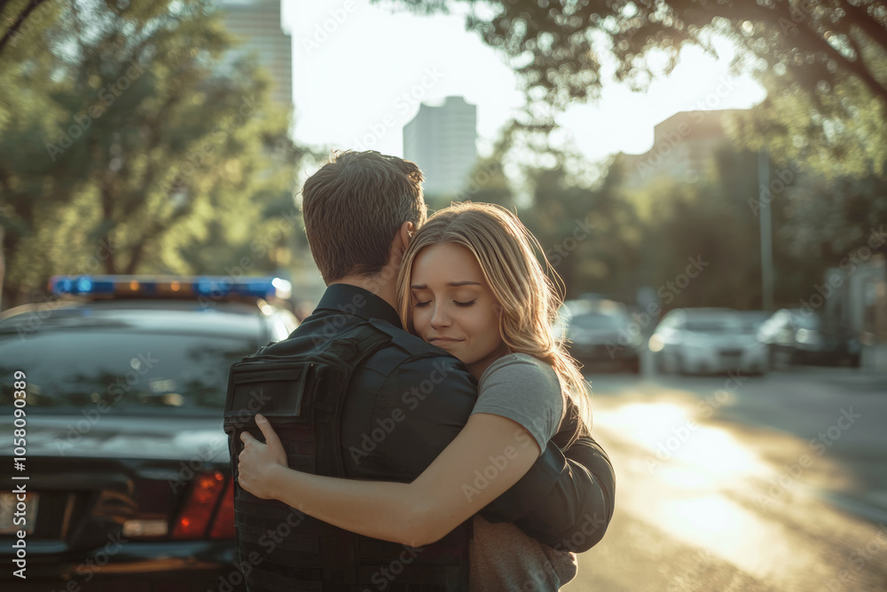 Fototapeta premium Emotional Reunion Between Woman and Police Officer on City Street Engulfs Warmth Comfort Urban Environment Relationship Concept