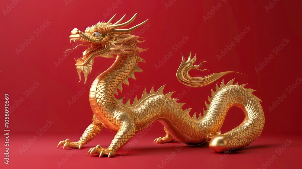 Obraz premium Golden Dragon on Red Background - 3D Render, Chinese Dragon, Mythical Creature, Dragon, 3D Model