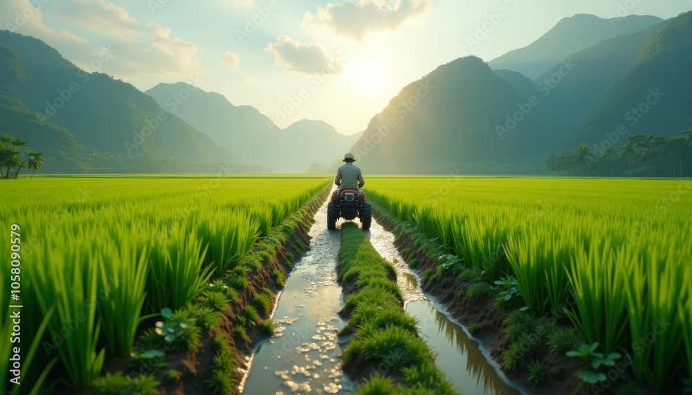 Peaceful rural scene with farmer tending to crops Peaceful rural scene with farmer tending to crops