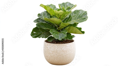 A potted fiddle leaf fig plant with green leaves in a white ceramic pot. photo