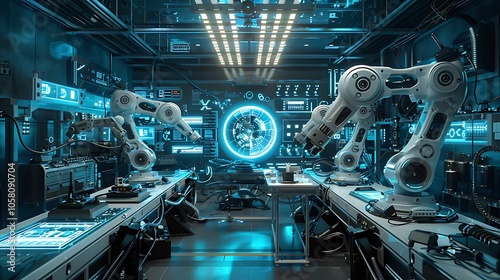 A futuristic laboratory with robotic arms and high-tech screens, glowing in blue light, showcasing advanced technology and innovation.