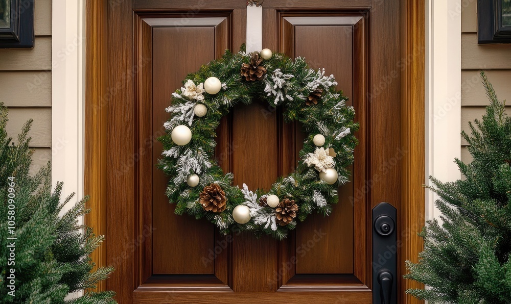 Festive front door wreath with simple white and beige decorations, hanging against a rustic wooden door