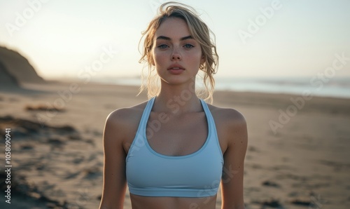 Female model wearing a light blue cropped fitness top, set against a beach backdrop with soft lighting