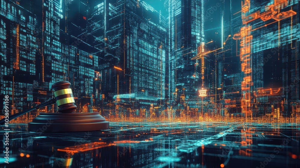 Gavel of Justice in a Digital Cityscape - Cyber Law and Technology Concept. Gavel of Justice in a Digital Cityscape - Cyber Law and Technology Concept.