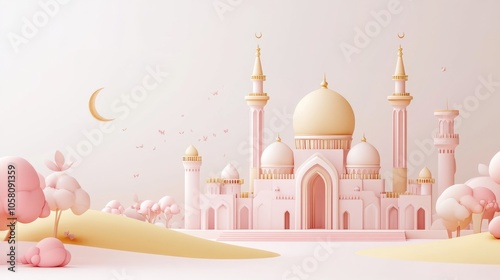 Wallpaper Mural Beautiful 3D Vector Illustration of a Mosque with Crescent Moon for Ramadan Kareem Celebration Torontodigital.ca