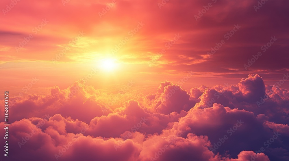 Majestic sunset over fluffy clouds with vibrant orange and purple sky Majestic sunset over fluffy clouds with vibrant orange and purple sky