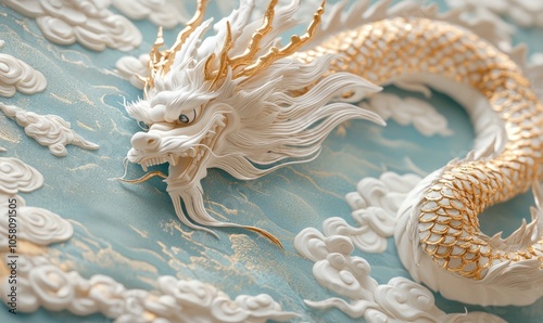 Golden and white Chinese dragon on a soft blue background with intricate cloud details in white