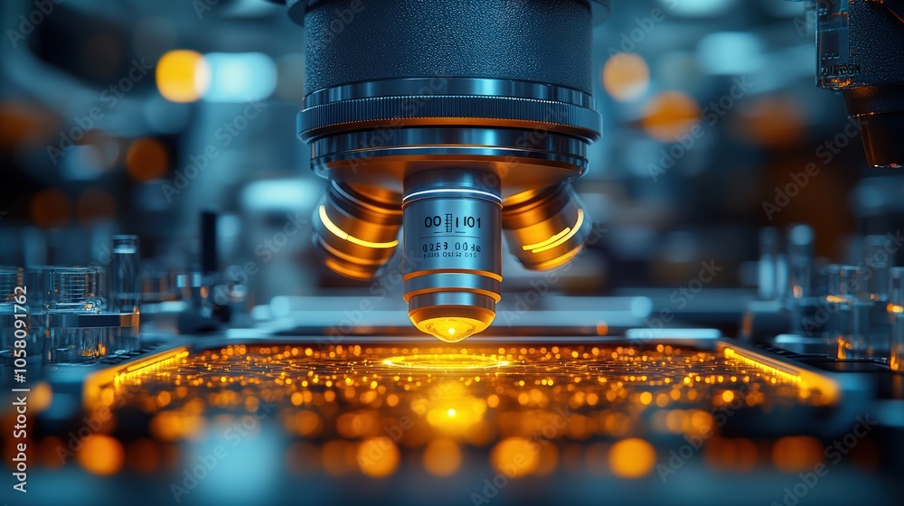 A microscope surrounded by vibrant sparkling particles on a laboratory table, emphasizing scientific discovery