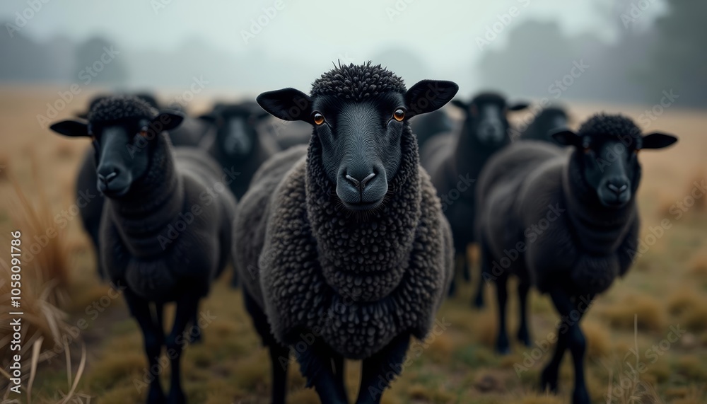 A flock of sheep in a misty field A flock of sheep in a misty field