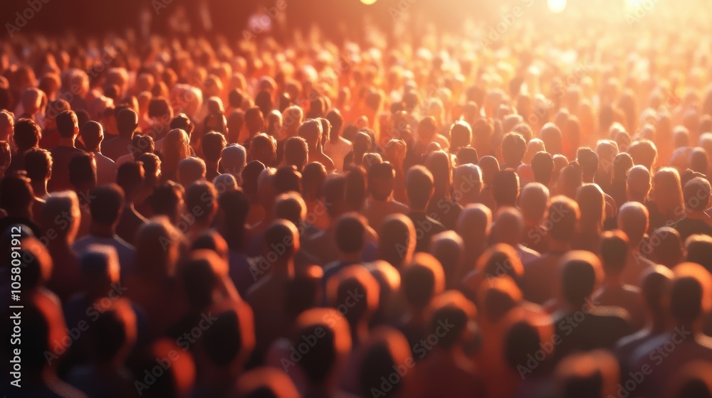 Obraz premium Vibrant crowd at sunset: diverse gathering captured in warm light