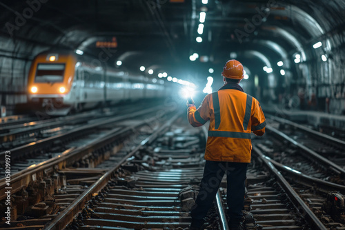 Worker in reflective gear holding flashlight in dark train tunnel with tracks, wearing helmet for safety and visibility purpose, engineering concept photo