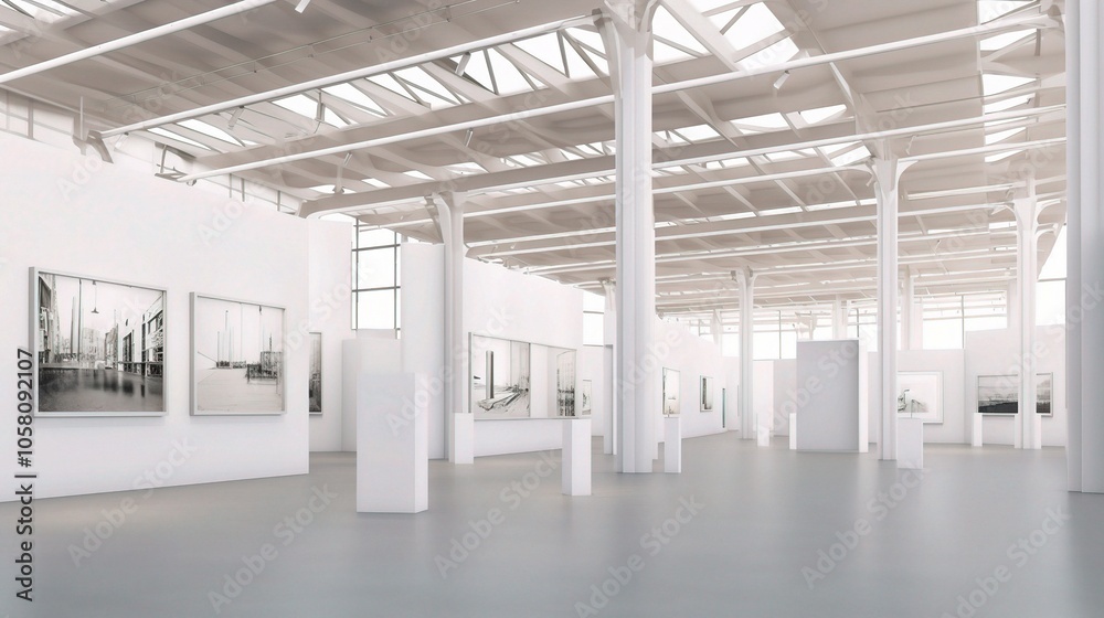Modern 3D Art Gallery Interior with White Walls Modern 3D Art Gallery Interior with White Walls