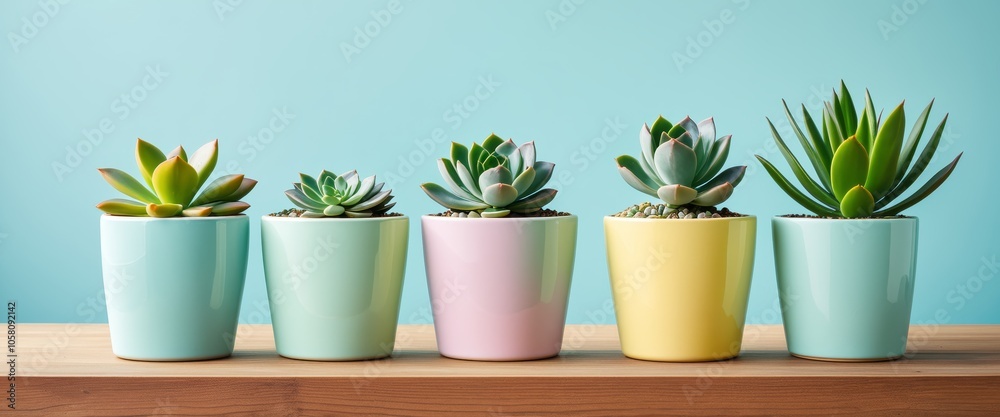Colorful succulent arrangement in pastel pots against a soft blue background Colorful succulent arrangement in pastel pots against a soft blue background