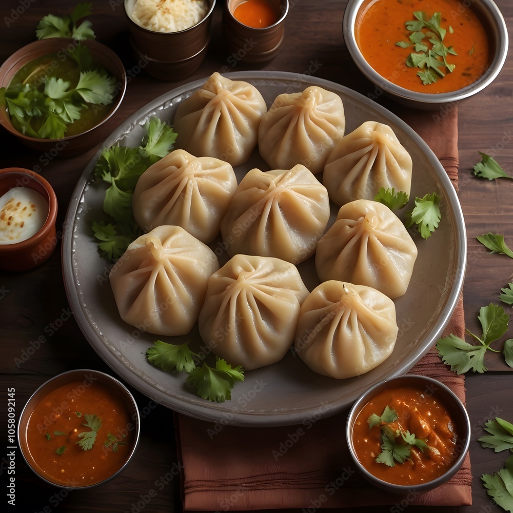 Chicken momos dumplings on a table. Indian food table.