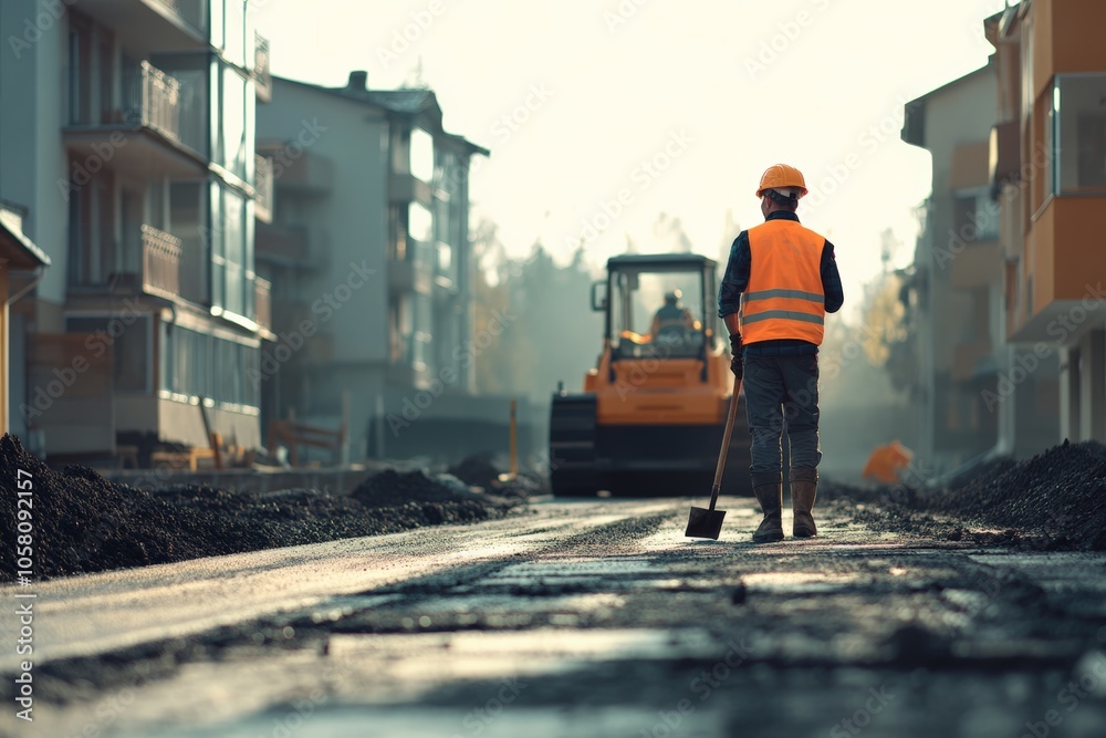 Construction worker in orange vest, holding shovel, stands on unfinished road with heavy machinery in background, urban development concept Construction worker in orange vest, holding shovel, stands on unfinished road with heavy machinery in background, urban development concept